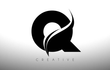 Q Swoosh Harf Kesme Logosu Tasarımı Siyah Swoosh ve Yaratıcı Simge Logo Vektörü İllüstrasyonu