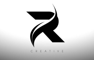 R Swoosh Harf Kesme Logosu Tasarımı Siyah Swoosh ve Yaratıcı Simge Logo Vektörü İllüstrasyonu