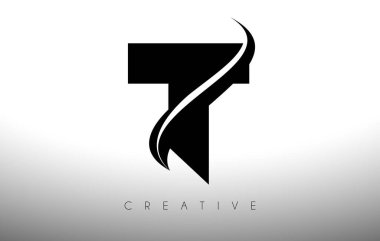 Siyah Swoosh ve Yaratıcı Simge Logo Vektör İllüstrasyonlu TSwoosh Mektup Kesme Logosu Tasarımı