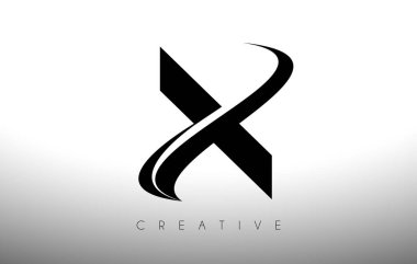 X Swoosh Harf Kesme Logosu Tasarımı Siyah Swoosh ve Yaratıcı Simge Logo Vektörü İllüstrasyonu