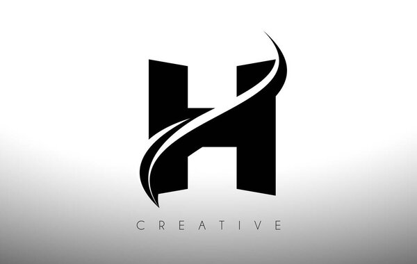H Swoosh Letter Cut Logo Design with Black Swoosh and Creative Icon Logo Vector Illustration