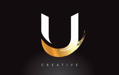 Siyah Arkaplan Vektöründe Fırça Darbesi Sanatsal Görünümü olan Altın U Harfi Logosu
