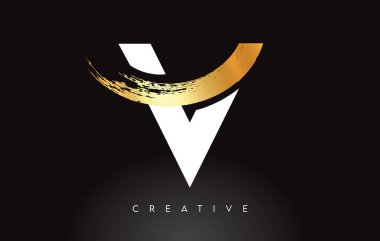 Siyah Arkaplan Vektöründe Fırça Darbesi Sanatsal Görünümlü Altın V Harfi Logosu