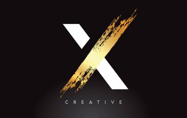 Siyah Arkaplan Vektöründe Fırça Darbesi Sanatsal Görünümlü Altın X Harfi Logosu