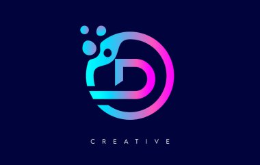 Mor Neon Renk Vektöründe Dairesel Şekil içinde Noktalar ve Kabarcıklar içeren D harfi logosu