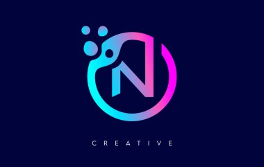 Mor Neon Renk Vektöründe Dairesel Şekil içinde Noktalar ve Kabarcıklar içeren N Harfi Logosu
