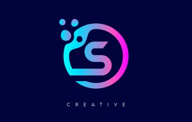 Mor Neon Renk Vektörü içinde nokta ve baloncuklu S harfi logosu