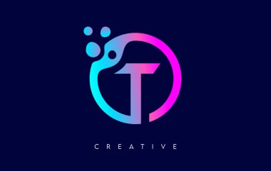 Mor Neon Renk Vektöründe Dairesel Şekil İçinde Noktalar ve Kabarcıklar olan T Harfi Logosu
