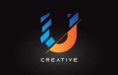 Dilimlenmiş U Harfi Logo Simgesi Tasarımı Mavi ve Turuncu Renkler ve Kesim Dilimleri
