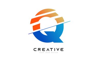 Dilimlenmiş Q Harfi Logo Simgesi Tasarımı Mavi ve Turuncu Renkler ve Kesim Dilimleri