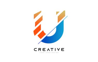 Dilimlenmiş U Harfi Logo Simgesi Tasarımı Mavi ve Turuncu Renkler ve Kesim Dilimleri