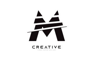 Dilimlenmiş M Harfi Logo Simgesi Tasarımı Siyah ve Beyaz Renkler ve Kesik Dilimler
