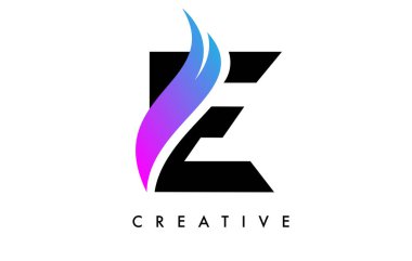 E Harfi Logo Simgesi Mor Swoosh ve Yaratıcı Eğri Kesim Vektörü Tasarımı