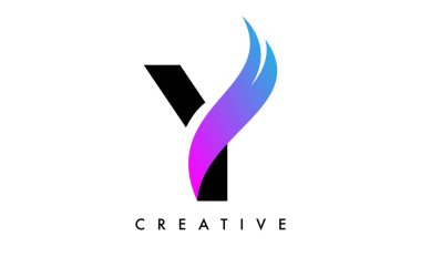 Y Harfi Logo Simgesi Tasarımı Mor Manevra ve Yaratıcı Eğri Kesim Vektörü