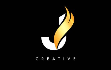 J Harfi Logo Simgesi Tasarımı Altın Swoosh ve Yaratıcı Eğri Kesim Vektörü