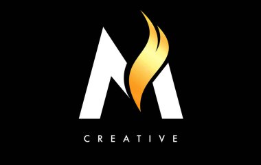 M Harfi Logo Simgesi Tasarımı Altın Swoosh ve Yaratıcı Eğri Kesim Vektörü