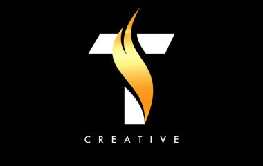 T Harfi Logo Simgesi Tasarımı Altın Swoosh ve Yaratıcı Eğri Kesim Vektörü