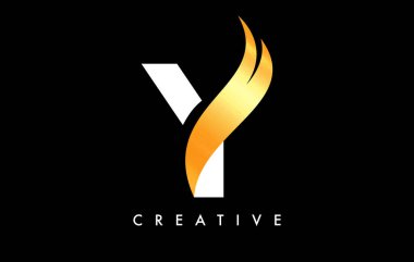 Y Harfi Logo Simgesi Tasarımı Altın Swoosh ve Yaratıcı Eğri Kesim Vektörü