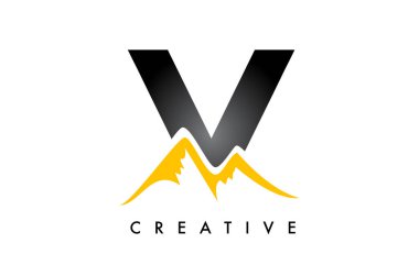 V Letter Mountain Logo. Letter V with Mountain Peaks Shape Vector Illustration 