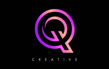 Mor Menekşe Çizgileri ve Minimalist Tasarım Vektörlü Q Harfi Logosu Monogramı