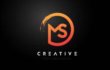 Çember Fırça Tasarımı ve Siyah Arkaplanlı Turuncu MS Dairesel Harf Logosu.