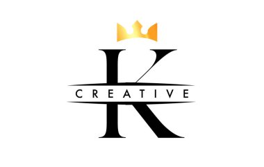 K Letter Logo with Creative Crown Design Icon and Golden Colors Vector