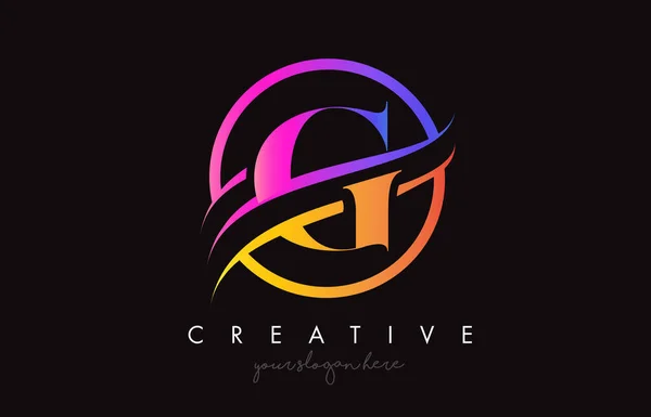 Litera Kreatywna Logo Fioletowymi Pomarańczowymi Kolorami Kółkiem Swoosh Cut Design — Wektor stockowy