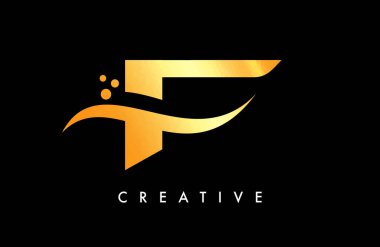 Zarif Yaratıcı Swoosh ve Nokta Vektörlü Altın F Harf Logosu Tasarımı