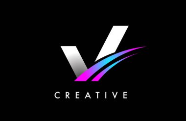 V Harfi Logo Tasarım Vektörü Eğri Mor Mavi Çizgiler ve Yaratıcı Görünüm