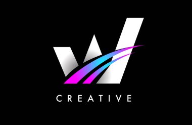 W Harfi Logo Tasarım Vektörü Eğri Mor Mavi Çizgiler ve Yaratıcı Görünüm