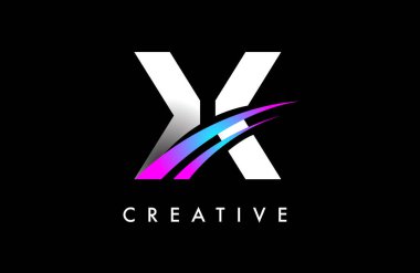 X Harfi Logo Tasarım Vektörü Eğri Mor Mavi Çizgiler ve Yaratıcı Görünüm