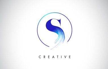S Fırça Vuruşu Mektup Logosu Tasarımı. Mavi Renkli Logo Harfleri Simgesi.