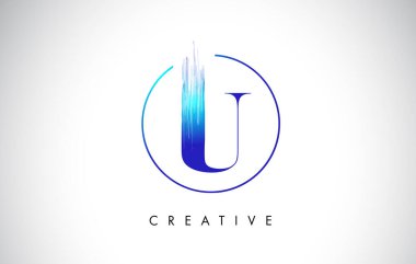 U Fırça Darbesi Logo Tasarımı. Mavi Renkli Logo Harfleri Simgesi.