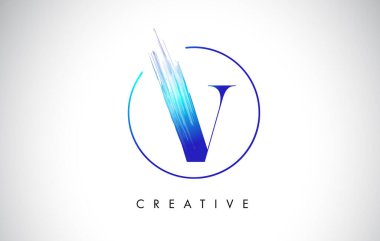 V Fırça Darbesi Logo Tasarımı. Mavi Renkli Logo Harfleri Simgesi.