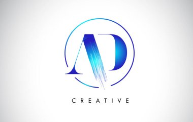 AD Fırça Darbesi Logo Tasarımı. Mavi Renkli Logo Harfleri Simgesi.