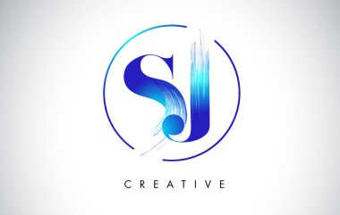SJ Fırça Darbesi Logo Tasarımı. Mavi Renkli Logo Harfleri Simgesi.