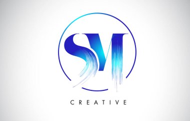 SM Fırça Darbesi Logo Tasarımı. Mavi Renkli Logo Harfleri Simgesi.