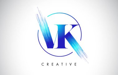 VK Fırça Darbesi Logo Tasarımı. Mavi Renkli Logo Harfleri Simgesi.