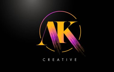 AK Fırça Vuruşu Mektup Logosu Tasarımı. Turuncu Mor Renkli Logo Harfleri Simgesi.