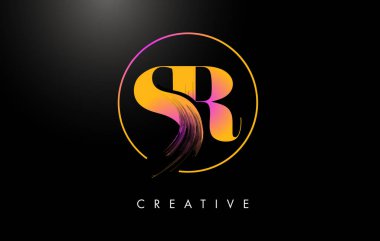 SR Fırça Darbesi Logo Tasarımı. Turuncu Mor Renkli Logo Harfleri Simgesi.