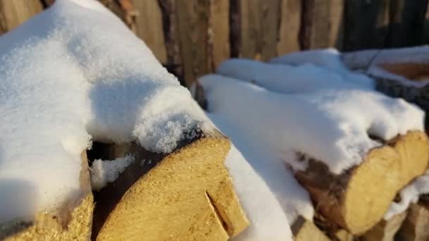 冬に覆われた薪雪のスタックのビデオ — ストック動画
