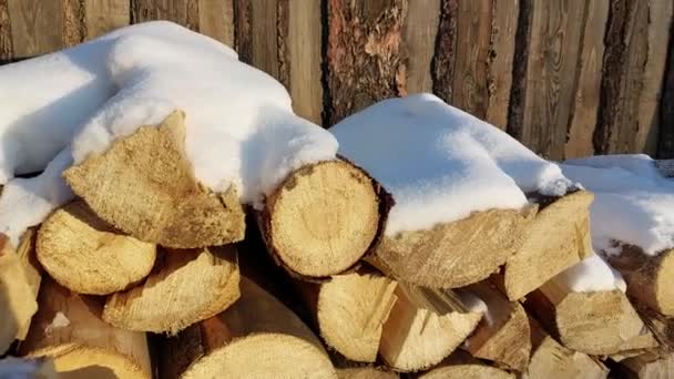冬に覆われた薪雪のスタックのビデオ — ストック動画