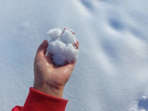 Frau Hält Schneeball Mit Bloßer Hand — Stockfoto