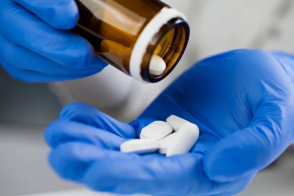 Closeup Medical Worker Pharmacist Hands Wearing Blue Latex Protective Gloves Fotos De Stock