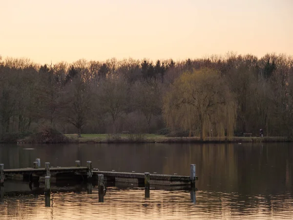 日落时分 在德国荒原的一个湖畔 — 图库照片