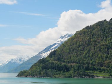 Norveç limanındaki küçük Eidfjord köyü