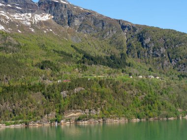 Norveç limanındaki küçük Eidfjord köyü