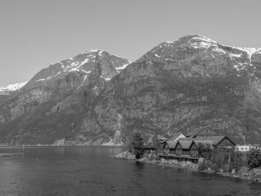 Norveç limanındaki küçük Eidfjord köyü