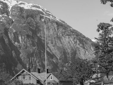 Norveç limanındaki küçük Eidfjord köyü