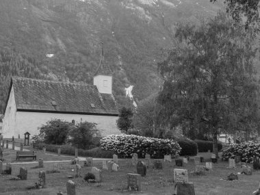 Norveç limanındaki küçük Eidfjord köyü